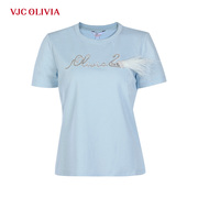 VJC OLIVIA2023秋季女装圆领短袖T恤高级感名媛气质羽毛印花上衣