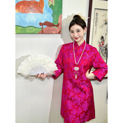 新中式女装中国风玫红色提花连衣裙秋冬内搭年轻款新年改良旗袍