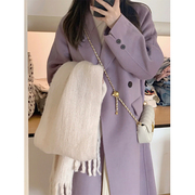 高级紫色毛呢外套女秋冬季小个子韩版双排，扣中长款毛呢大衣女