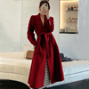 酒红色双面羊绒大衣女长款羊毛外套赫本风气质修身秋冬轻奢高端