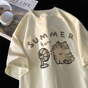 重磅纯棉卡通小猫印花短袖，t恤男女宽松夏季ins休闲洋气半袖打底衫