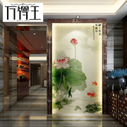 中式玄关背景墙瓷砖雕刻壁画，微晶石过道走廊背景墙拼花餐厅墙荷花