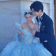 2023新娘结婚主婚纱头纱，超仙森系韩式长款珍珠手工穿珠大拖尾头纱