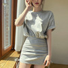 韩国东大门夏季卫衣圆领短袖小众款抽绳设计高腰包臀假两件连衣裙