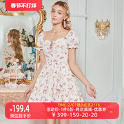 艾丽丝2024年夏季印花雪纺连衣裙，女泡泡袖粉色，甜美公主风短裙
