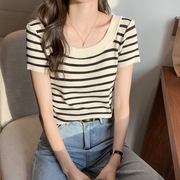 大码短款条纹上衣2024夏季女装韩版修身显瘦冰丝针织短袖T恤