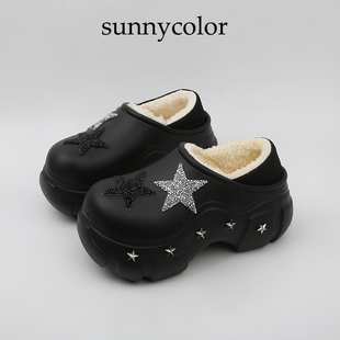 SUNNY COLOR增高跟黑色星星棉拖鞋女冬季外穿厚底时尚ins大头棉鞋
