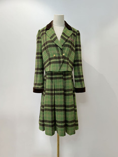 秋冬复古绿色格子短款套装女装两件套裙