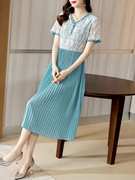 雅丽堡夏季V领蕾丝雪纺假两件蓝色连衣裙女法式气质百褶裙子