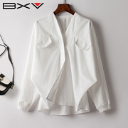 BXV纯棉蝙蝠袖衬衫女2023春秋设计感法式小众宽松轻熟风V领衬衣潮
