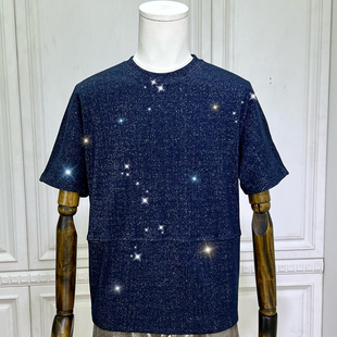 时着银河超闪长绒棉修身圆领短袖T恤男夏季街头丝质针织衫定制tee