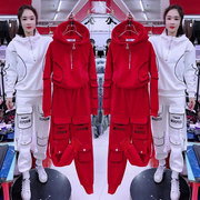 红色休闲运动套装女冬季2023年纯棉卫衣工装裤加绒加厚俩件套