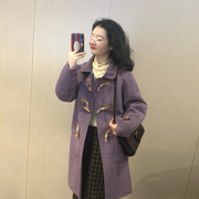 学院风牛角扣紫色呢子大衣女，秋冬装韩系小个子，中长款毛呢外套