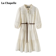 拉夏贝尔/La Chapelle米色七分袖连衣裙女夏季中长款雪纺裙子
