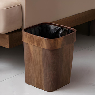 新中式复古木纹垃圾桶，家用创意客厅厨房卫生间纸篓，塑料无盖大号