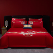 中式刺绣结婚床上四件套红色喜被120支全棉，s被套婚庆床单床上