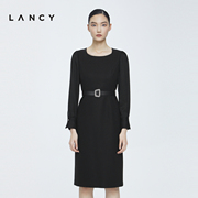 LANCY/朗姿纯羊毛2022冬季黑色中长款连衣裙女收腰长修裙子