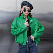 皮衣女短款2023年秋季绵羊皮，韩版果绿色长袖上衣，真皮立领外套