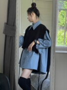 春秋韩版宽松叠穿背心毛衣外搭马甲针织披肩蓝色长袖衬衫两件套女