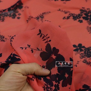 西瓜红印花人棉雪纺布料，夏季吸湿透气衬衫，时装连衣裙旗袍围巾面料