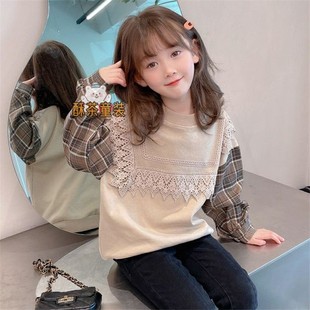 秋款女童卫衣假两件套中小童女孩韩版洋气蕾丝花边套头衫上衣外穿