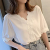 衬衫女设计感小众上衣半短袖宽松韩版夏季t恤蕾丝拼接雪纺白衬衣(白衬衣)