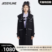 jessyline女装冬季 杰茜莱黑色纯羊毛大衣外套 241105199