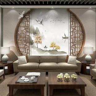 仿古中式电视背景墙壁纸茶室茶社客厅禅意装饰壁画古典山水墙布