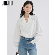 JIUJIU翻领白色衬衫女设计感小众2024春装设计感小众复古衬衣
