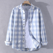 方格子长袖衬衫男100%纯棉高品质衬衣服初，中高中学生蓝色春季外套