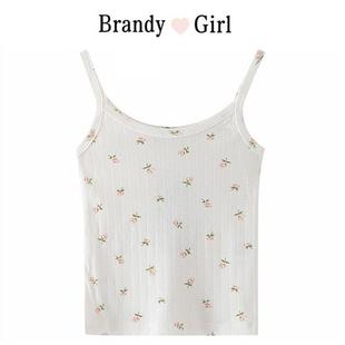 brandygirl夏季粉色小花，镂空设计修身打底内搭bm吊带背心