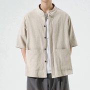 复古风棉麻男装中年短袖，衬衫男士亚麻衬衣中式唐装，立领中国风上衣