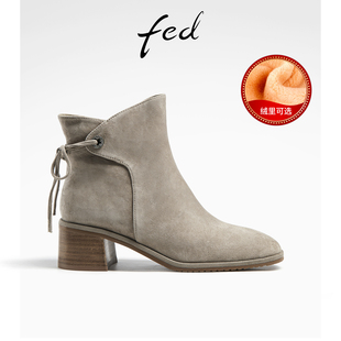 fed复古小短靴冬季靴子绒面时装靴粗跟瘦瘦靴女加绒-ZFA322