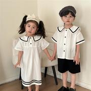 儿童夏季套装海军风男童装纯棉2024宝宝女童连衣裙姐弟兄妹装