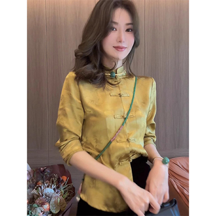 2024春女装新中式中国风唐装黄色复古盘扣修身短款衬衫上衣潮