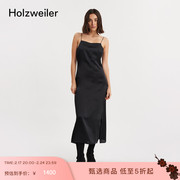 holzweiler女士黑色，时尚百搭桑蚕丝吊带，开叉连衣裙