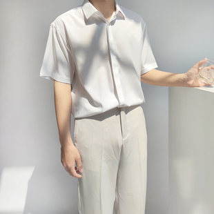 自制夏季宽松男白色休闲衬衫五分短袖冰丝雪纺免烫气质垂坠高级感
