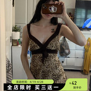 eilove涉谷辣妹蝴蝶结豹纹背心女复古小众收腰显瘦v领吊带上衣