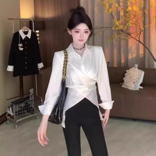 清仓一线大品牌折扣白色雪纺衬衫女长袖秋季韩系穿搭别致收腰上衣