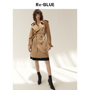 Re-BLUE轻奢优雅女装气质知性纯色绵羊毛混纺双排扣系带风衣外套