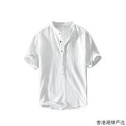 亚麻短袖T恤男士夏季套头圆领中国风立领棉麻布体恤衫白色薄衬衣