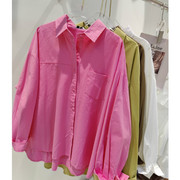 玫粉色棉衬衫女宽松长袖，叠穿衬衣2023秋季百搭休闲开衫薄外套上衣