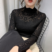 半高领纯色镂空钩花蕾丝针织衫，女2023韩版修身内搭上衣打底衫