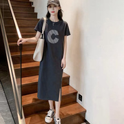 纯棉超长连衣裙高个子(高个子，)圆领长裙，2023夏季垂感t恤裙灰色裙子