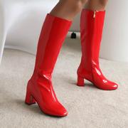 漆皮粗跟高跟高筒靴女红色白色靴子亮皮秋冬骑士靴大码女鞋 HLMT