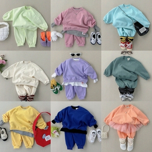 韩国进口婴幼童装糖果色休闲运动套装春秋，简约卫衣卫裤幼儿园