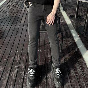 黑灰色牛仔裤男修身小直筒秋冬季韩版时尚高弹力加绒休闲裤子