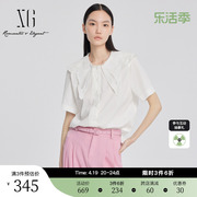 xg雪歌时尚绣花白色，衬衫2024夏季蝴蝶领口，通勤简约上衣女装