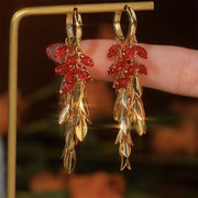 轻奢红色锆石水晶麦穗耳环，小众设计感长款流苏，耳坠气质显脸瘦耳饰