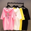 夏季韩版宽松中长款粉红豹，印花t恤女不规则，卡通连帽蝙蝠衫棉